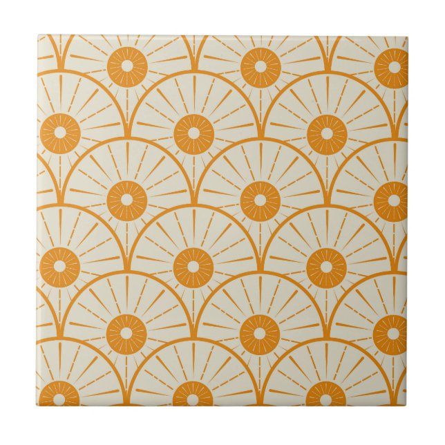 Azulejo De Cerâmica Art Deco Abstrato Sol Laranja em Branco  (Frente)