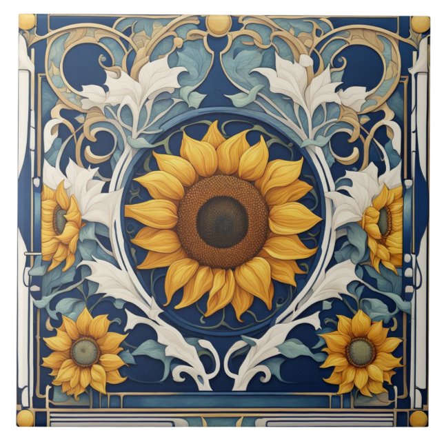 Azulejo De Cerâmica Art Deco Amarelo Girassóis Art Nouveau Azul (Frente)