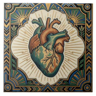 Azulejo De Cerâmica Art Deco Anatomical Heart Teal Green Gold Design