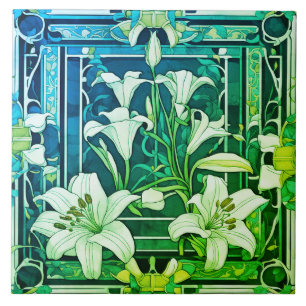 Azulejo De Cerâmica Art Deco Art Nouveau Lily Flower Green Floral