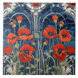 Azulejo De Cerâmica Art Deco Art Nouveau Red Poppy Flores Azuis