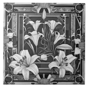Azulejo De Cerâmica Art Deco Art Nouveau White Lily Flower Cinza Flora