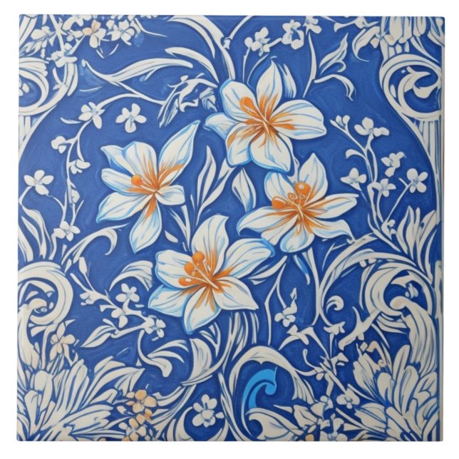 Azulejo De Cerâmica Art Deco Art Nouveau White Lily Flowers on Blue (Frente)