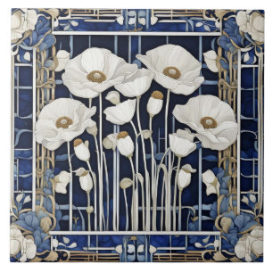 Azulejo De Cerâmica Art Deco Art Nouveau White Poppy Flores Azuis