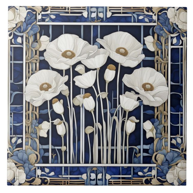 Azulejo De Cerâmica Art Deco Art Nouveau White Poppy Flores Azuis (Frente)