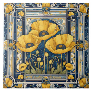Azulejo De Cerâmica Art Deco Art Nouveau Yellow Poppy Flowers Blue
