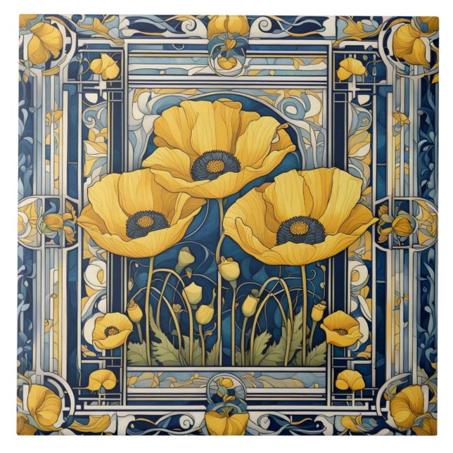 Azulejo De Cerâmica Art Deco Art Nouveau Yellow Poppy Flowers Blue (Frente)