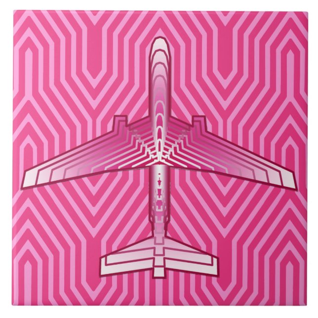 Azulejo De Cerâmica Art Deco Avião, Fuchsia e Pastel Rosa (Frente)