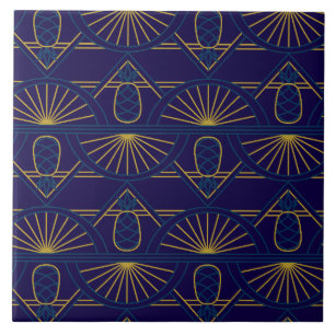 Azulejo De Cerâmica Art Déco Azul Dourado Geométrico