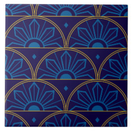 Azulejo De Cerâmica Art Déco Azul Dourado Geométrico