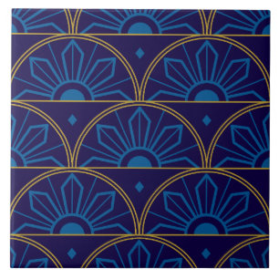 Azulejo De Cerâmica Art Déco Azul Dourado Geométrico