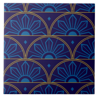 Azulejo De Cerâmica Art Déco Azul Dourado Geométrico