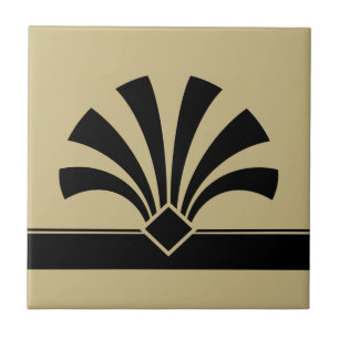 Azulejo De Cerâmica Art Deco Beige Black Geométrico Flower Elemento 06