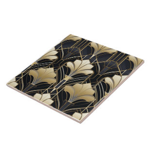 Azulejo De Cerâmica Art Deco Black and Dourado Floral