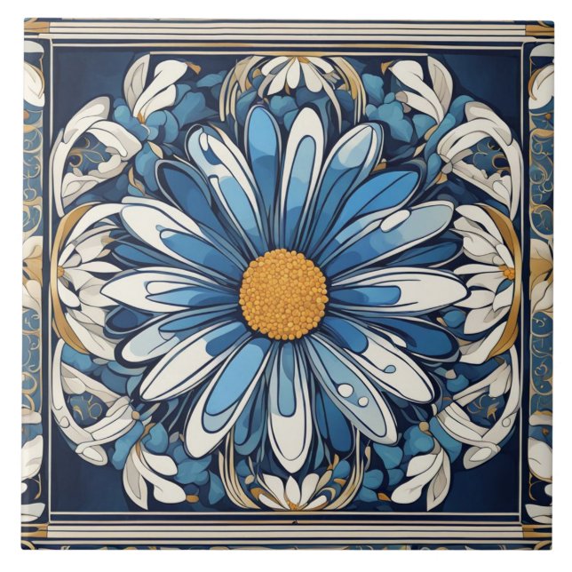 Azulejo De Cerâmica Art Deco Blue e White Daisy Flower Art Nouveau (Frente)