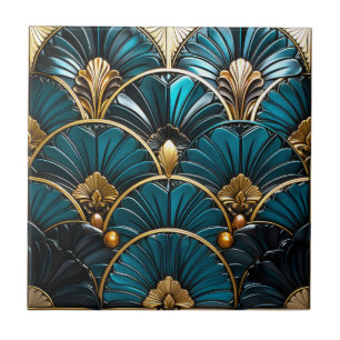 Azulejo De Cerâmica Art Deco Blue Feather Fans e Dourados Acentos 4.25