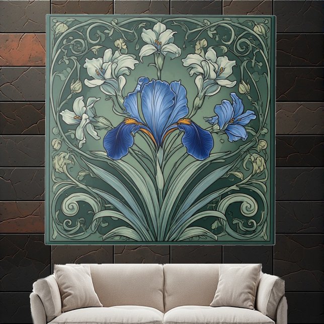 Azulejo De Cerâmica  Art Deco Blue Iris Bloom Floral Motifs Botanical (Art Deco Blue Iris Bloom Floral Motifs Botanical Ceramic Tile)