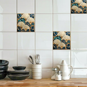 Azulejo De Cerâmica Art Deco Blue Ivory, Gems e ventilador Dourado