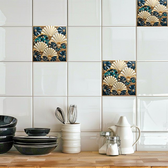 Azulejo De Cerâmica Art Deco Blue Ivory, Gems e ventilador Dourado (Criador carregado)