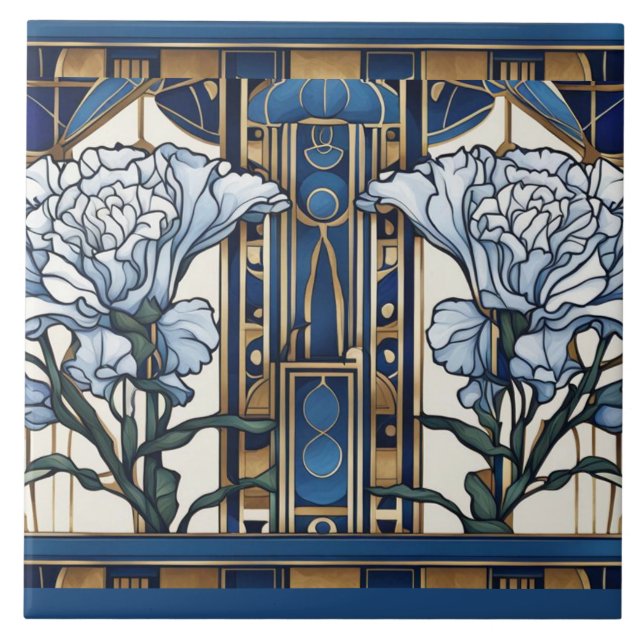 Azulejo De Cerâmica Art Deco Carnação Flores Art Nouveau Blue Floral (Frente)