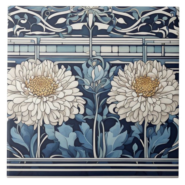 Azulejo De Cerâmica Art Deco chrysanthemum Flowers Art Nouveau Blue (Frente)
