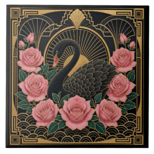 Azulejo De Cerâmica Art Deco Cisne Negro e Rosas Pink