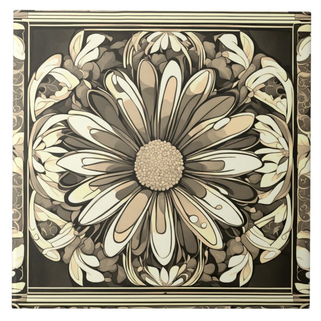 Azulejo De Cerâmica Art Deco Daisy Flower Art Nouveau Beige & Cinza (Frente)