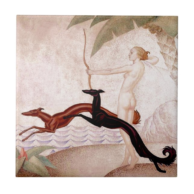 Azulejo De Cerâmica Art deco Diana e Borzoi (Frente)