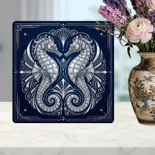 Azulejo De Cerâmica Art Déco Dois Cavalos-Marinhos Madrepérola Azul