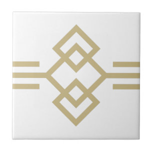 Azulejo De Cerâmica Art Deco Dourado Borda Geométrica Simples Branca 