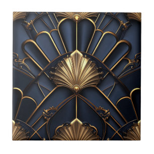 Azulejo De Cerâmica Art Deco Dourado e Azul Vintage
