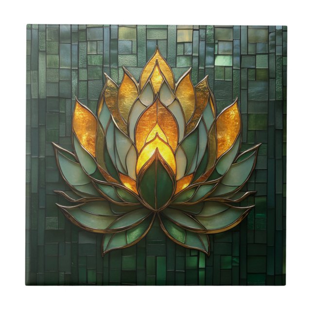 Azulejo De Cerâmica Art Deco Dourado Lotus Green Tilework Impressão (Frente)