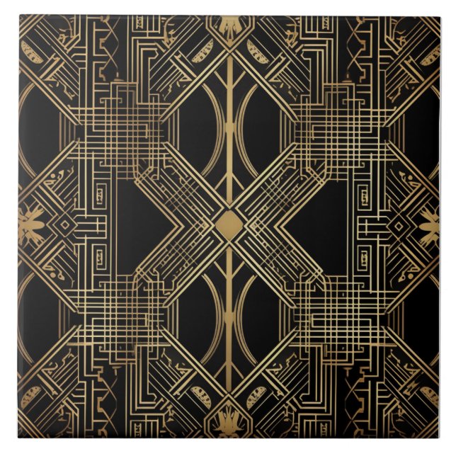 Azulejo De Cerâmica Art Deco, Dourado negro, padrão geométrico (Frente)