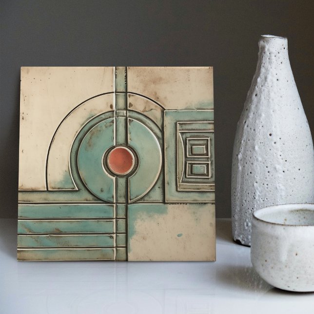 Azulejo De Cerâmica Art Deco Fan e Circle Teal Tan Rusty (Criador carregado)