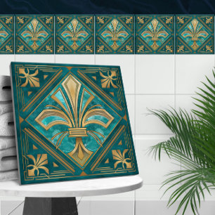 Azulejo De Cerâmica Art Deco Fleur-de-lis - Aquamarine e Dourado