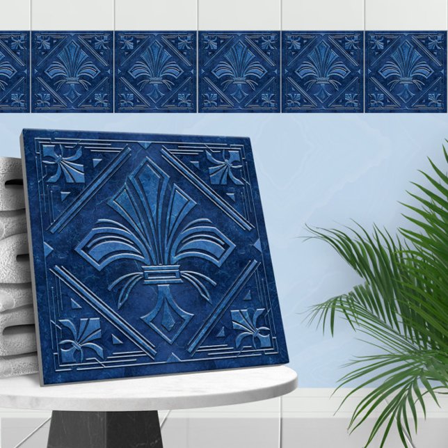 Azulejo De Cerâmica Art Deco Fleur-de-lis - Blue Marble (Criador carregado)