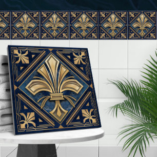 Azulejo De Cerâmica Art Deco Fleur-de-lis - Blue Marble e Dourado