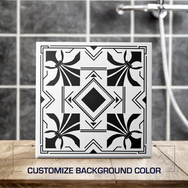 Azulejo De Cerâmica Art Deco Fleur-de-lis - preto e branco (Criador carregado)