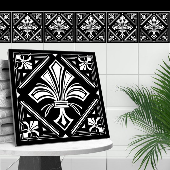 Azulejo De Cerâmica Art Deco Fleur-de-lis - preto e branco (Criador carregado)