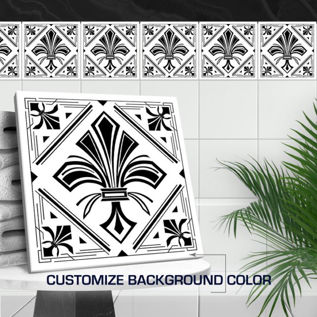 Azulejo De Cerâmica Art Deco Fleur-de-lis - preto e branco (Criador carregado)
