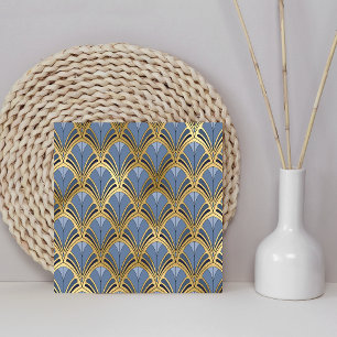 Azulejo De Cerâmica Art Deco Floral Vintage Padrão Leque Azul Dourado