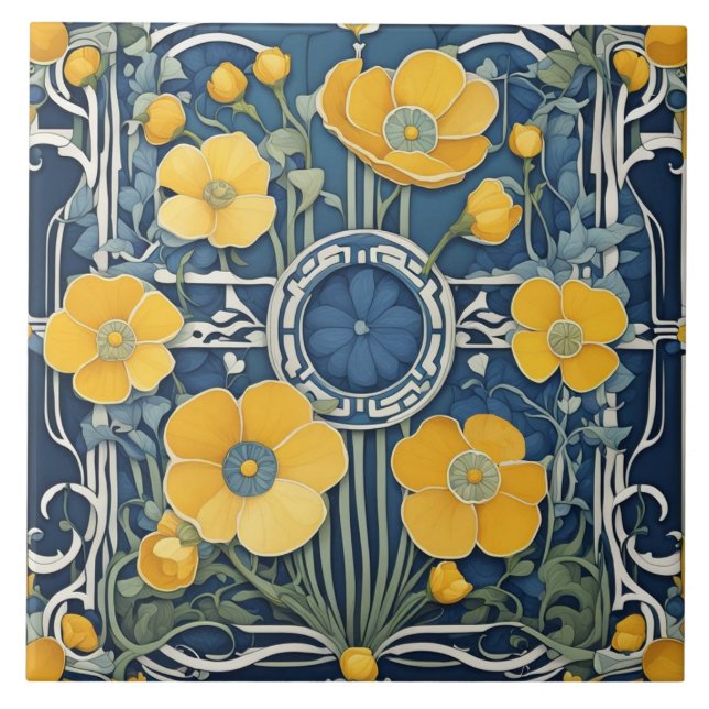 Azulejo De Cerâmica Art Deco Flores Amarelas Art Nouveau Blue Floral (Frente)
