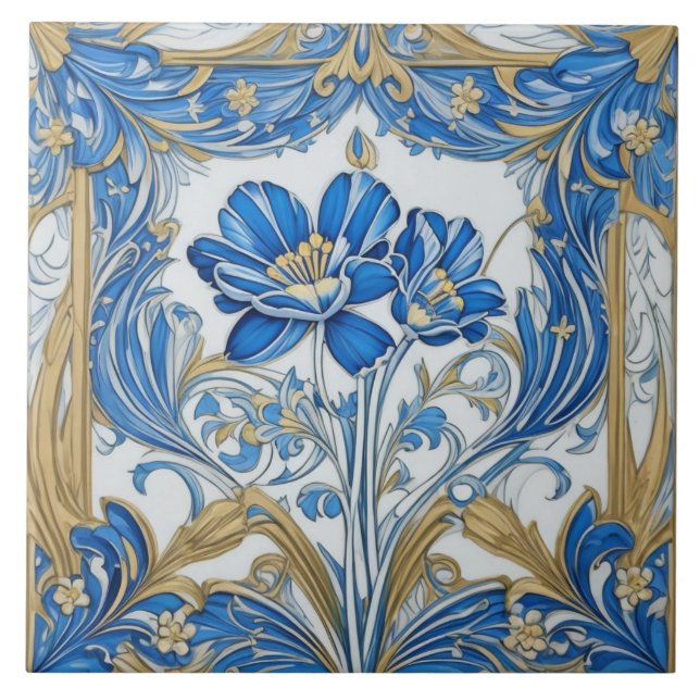 Azulejo De Cerâmica Art Deco Flowers Art Nouveau Floral Dourado e Azul (Frente)