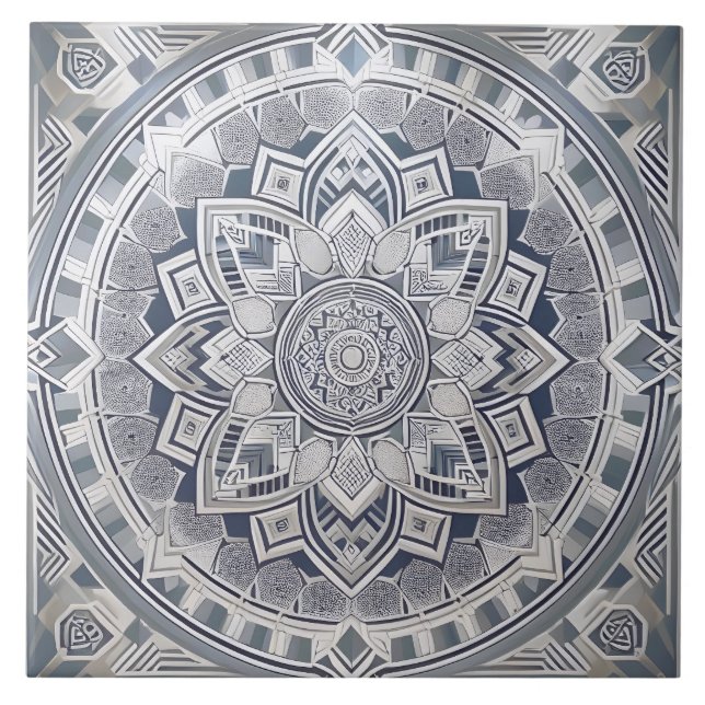 Azulejo De Cerâmica Art Deco Geométrico Círculos Linhas Todos os Cinza (Frente)