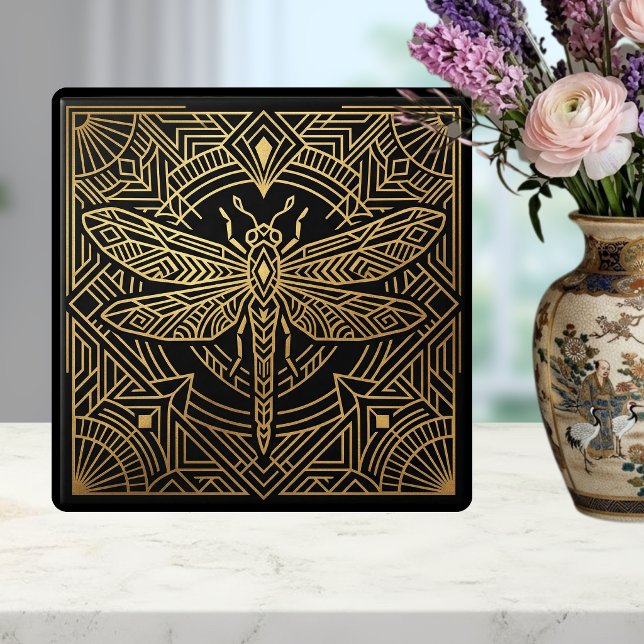 Azulejo De Cerâmica Art Deco Gold Dragonfly Black Geometric Design  (Criador carregado)