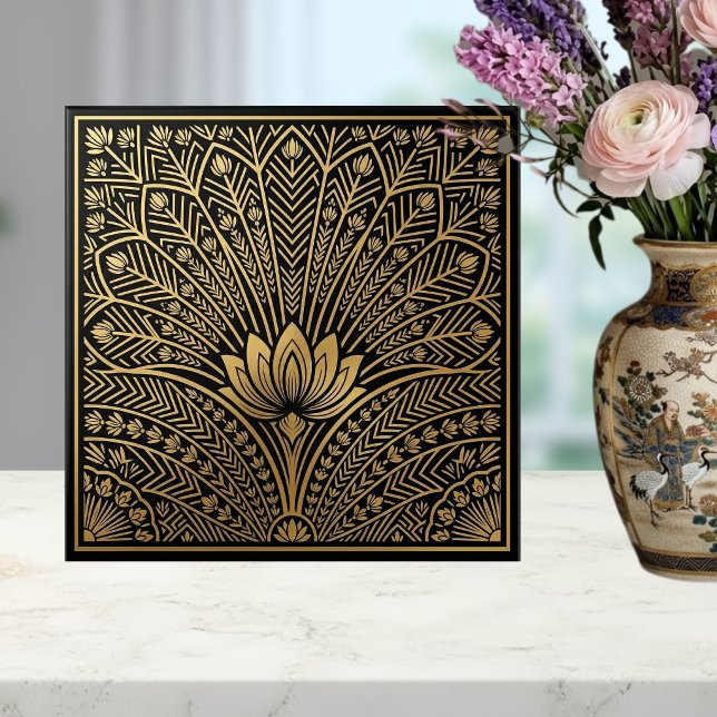 Azulejo De Cerâmica Art Deco Gold Lotus Black Geometric Pattern (Criador carregado)