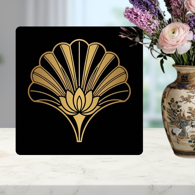 Azulejo De Cerâmica Art Deco Gold Lotus Fan Black Ceramic Tile (Criador carregado)