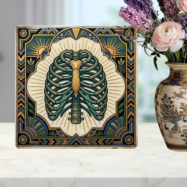 Azulejo De Cerâmica Art Deco Green Ribcage Skeleton Anatomical (Criador carregado)