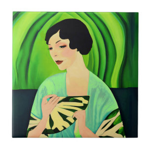 Azulejo De Cerâmica Art Deco Lady with a Fan Green