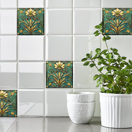 Azulejo De Cerâmica Art Deco Linda Lily Turquoise Green Dourada